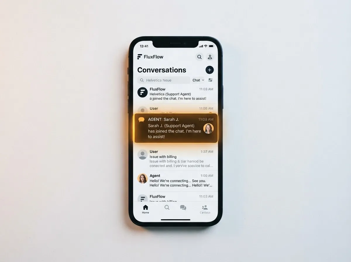 Clean mobile and web inbox UI showing a seamless takeover banner and live conversation stream for business owner