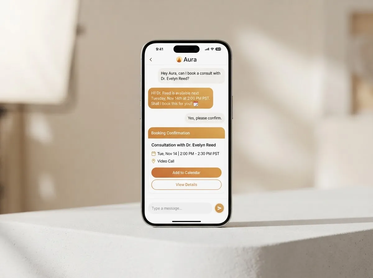 Clean UI mockup showing automated AI chat response and instant calendar booking for a trade service business