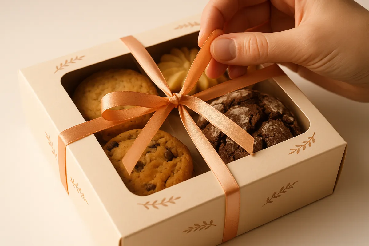 Decorative cookie box with ribbon being tied