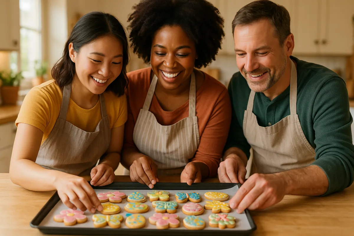 Three home bakers arranging decorated cookies in a cozy kitchen