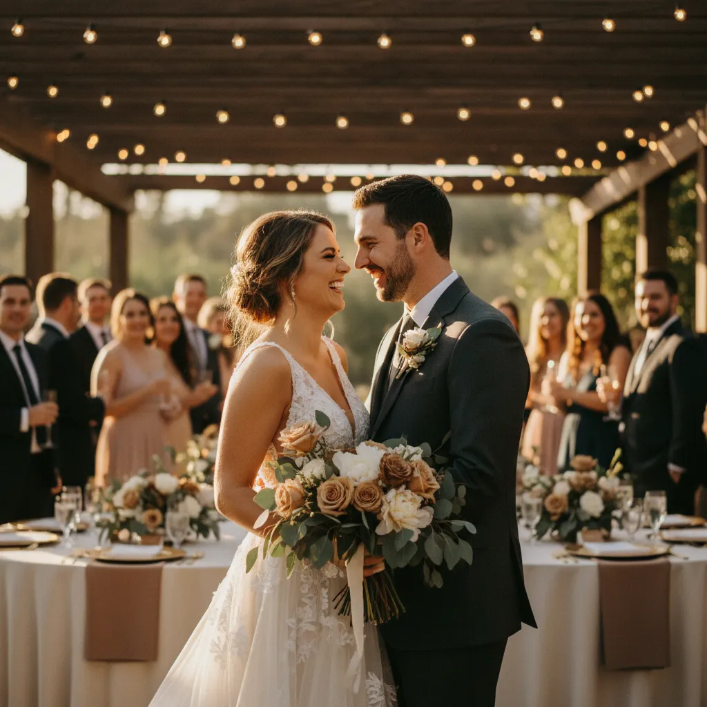 Couple laughing at their wedding reception
