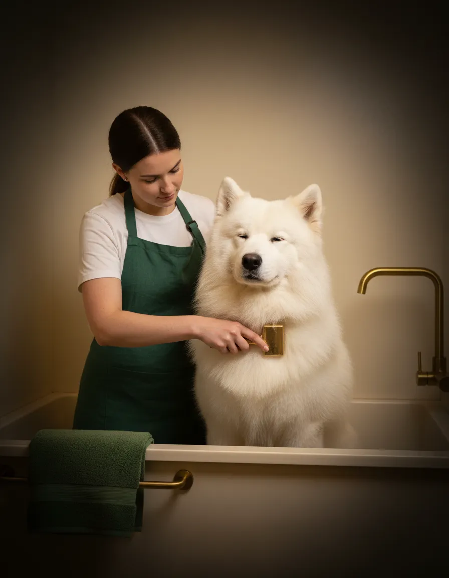 Professional groomer with a dog