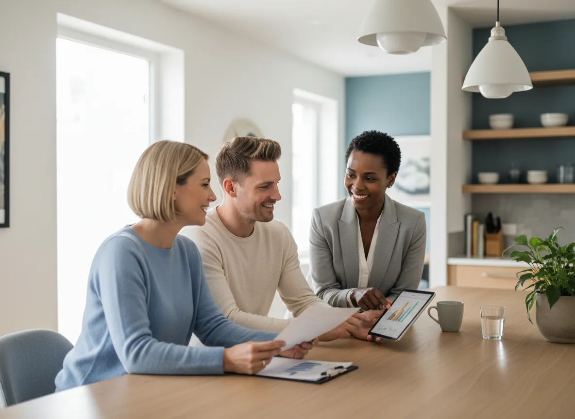Happy homeowner reviewing home insurance plans with an advisor