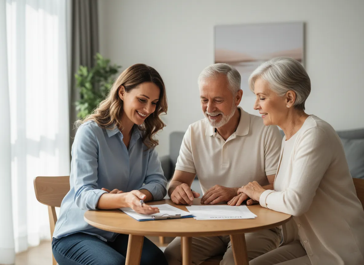 Smiling Medicare advisor meeting with a senior couple
