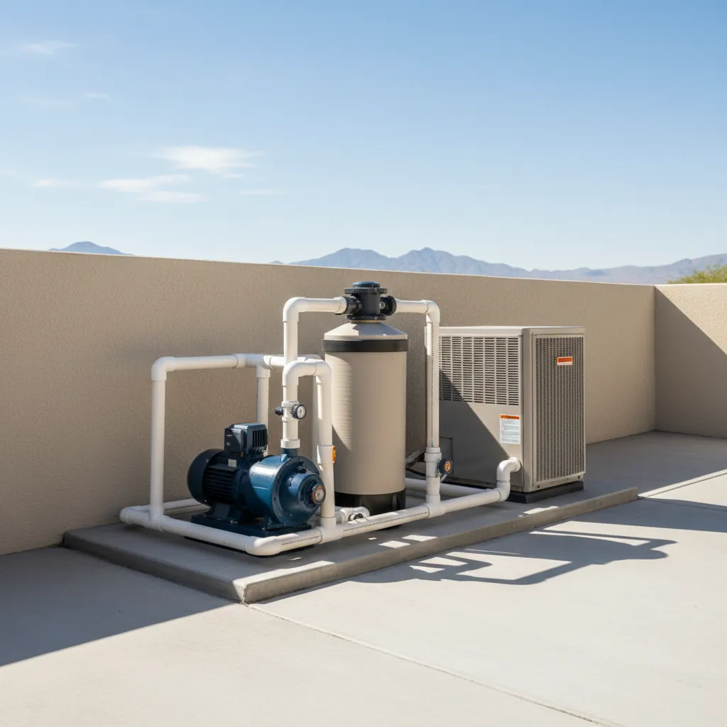 Pristine pool equipment pad showing pumps, filters, and piping in Henderson