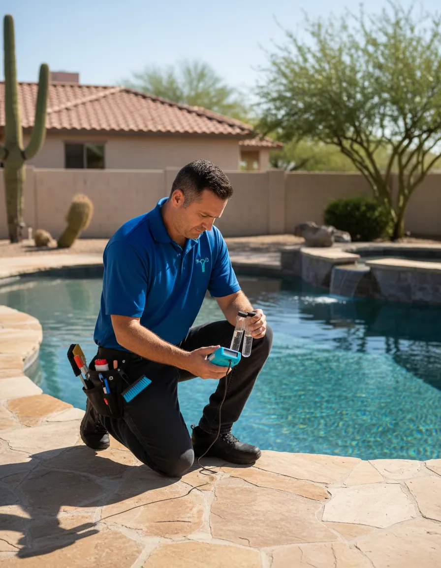 Professional pool service technician at a residential pool in Lake Havasu City, representing local service coverage area