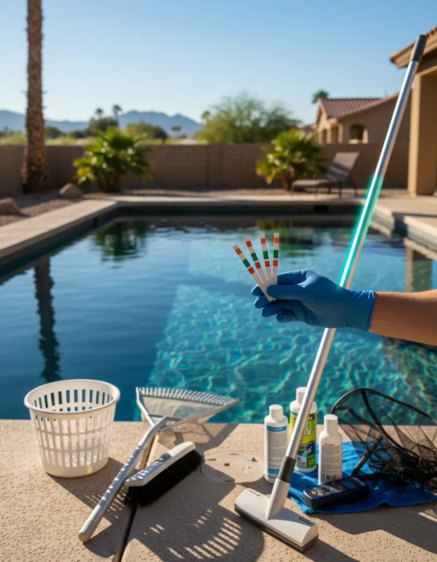 Technician checking pool water chemistry for weekly service