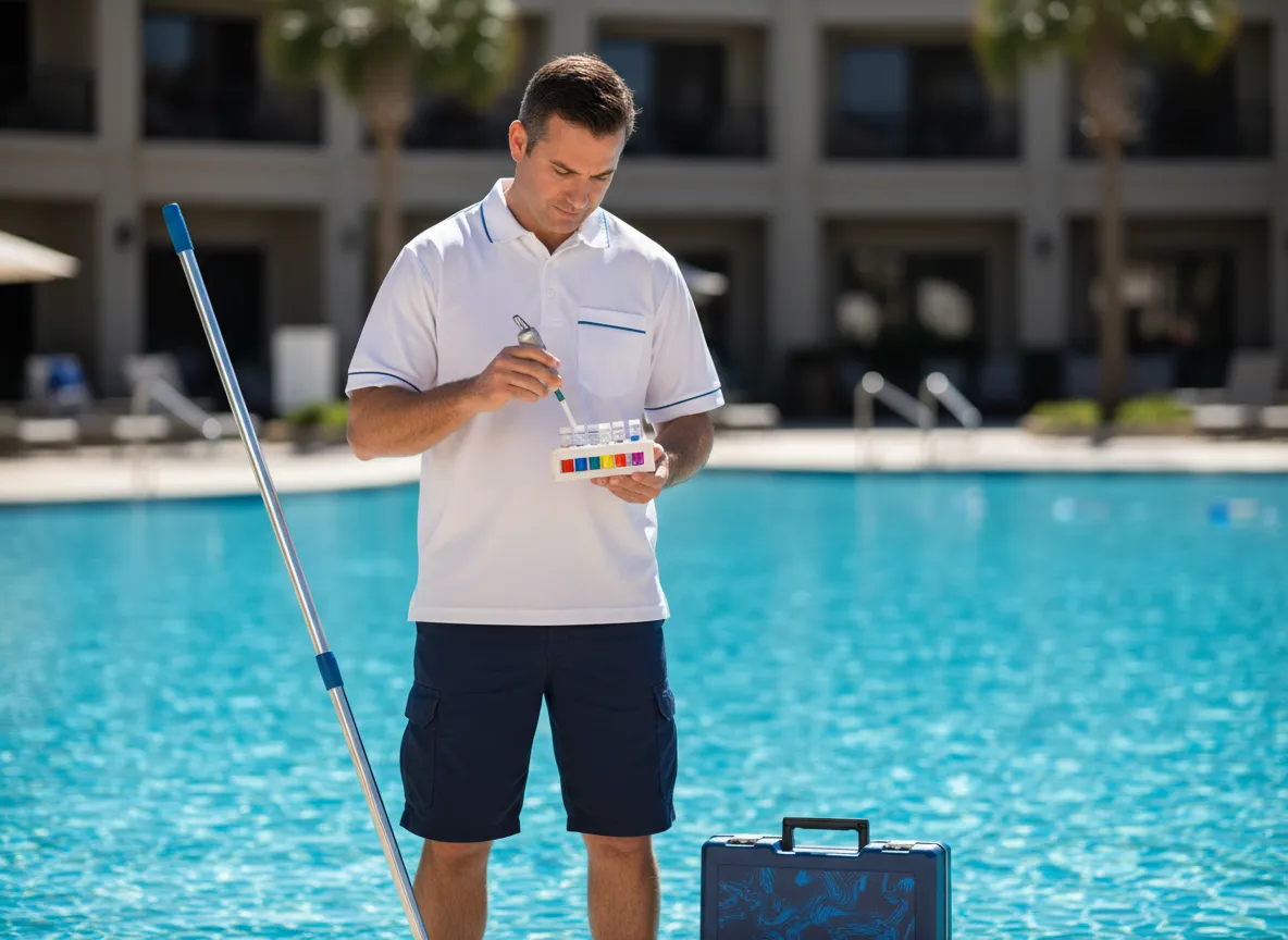 Licensed Commercial Pool Service professional maintaining a commercial pool