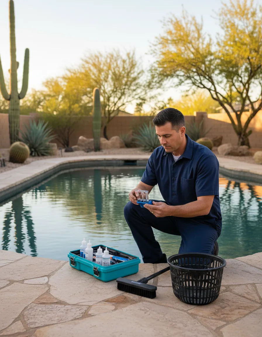 Pool service technician checking water quality in Lake Havasu City pool