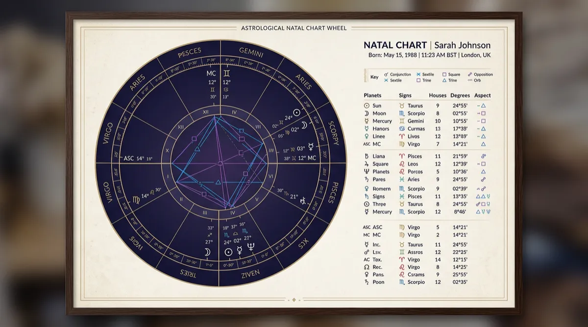 Natal astrology chart wheel illustration