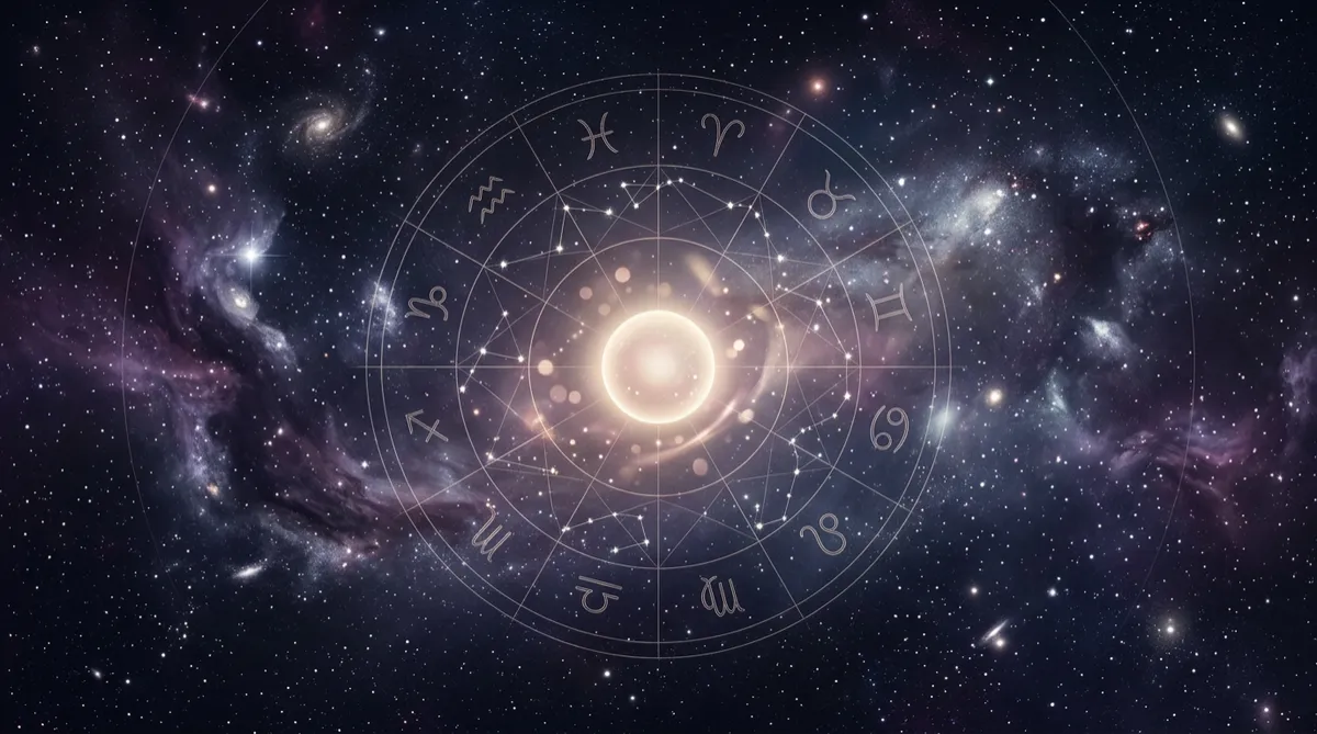 Mystical cosmic astrology artwork with subtle nebula haze, realistic starfield, and faint zodiac wheel geometry