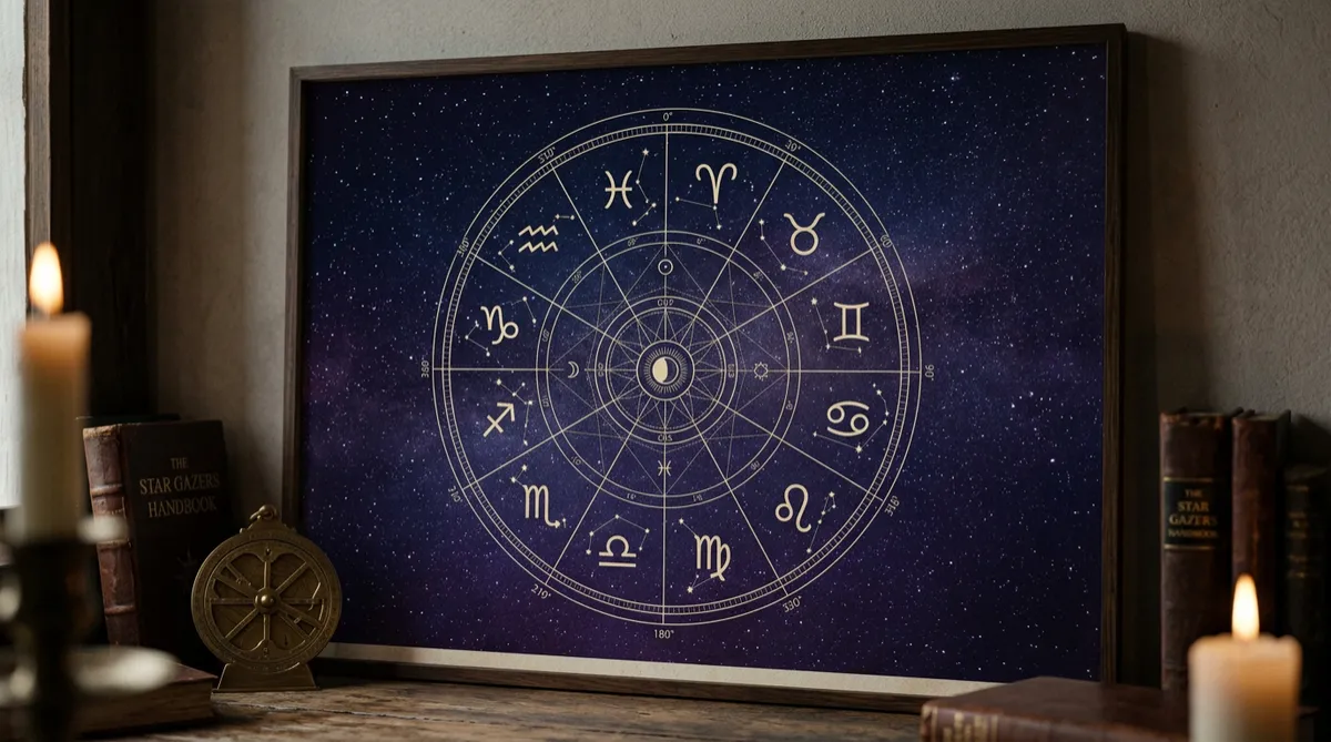 Mystical cosmic astrology artwork with subtle nebula haze, realistic starfield, and faint zodiac wheel geometry