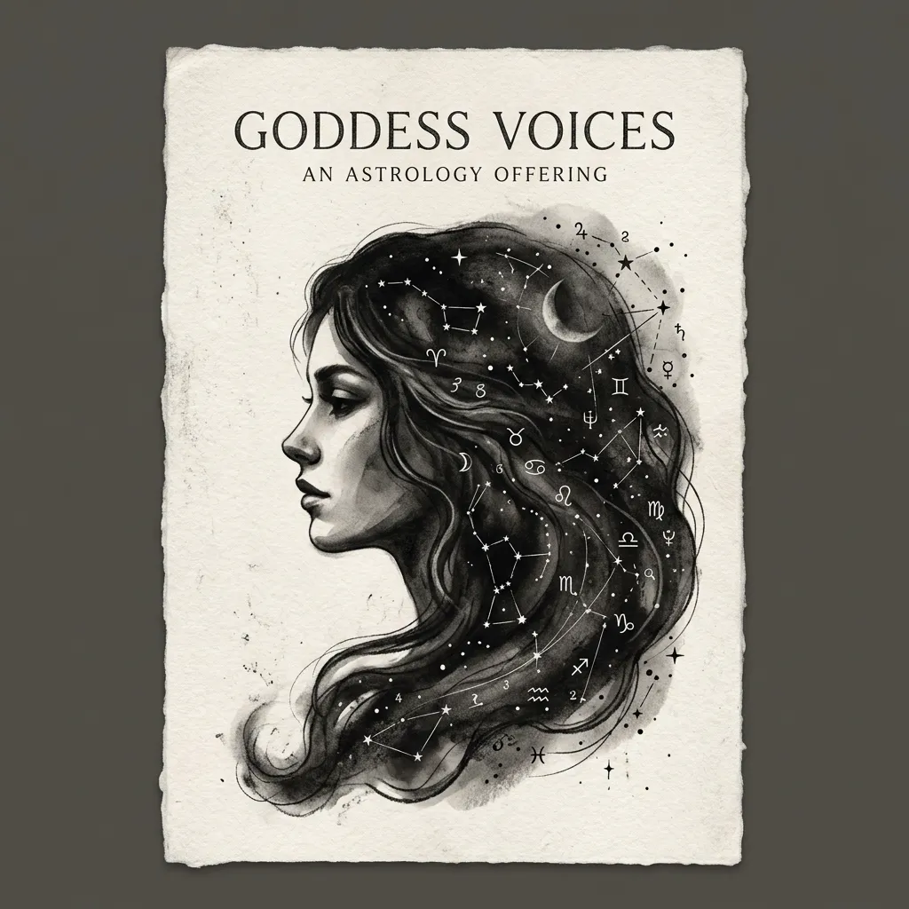 Goddess Voices — monochrome ink illustration with constellations and moon phases
