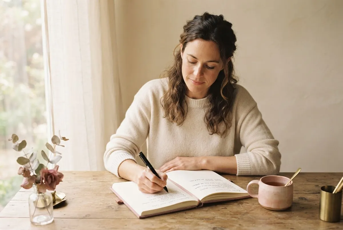 Woman calmly writing her daily small decisions in an editorial journal