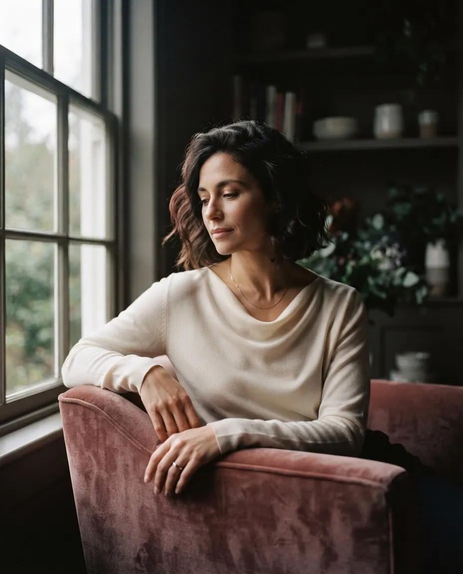 Editorial portrait of a woman in quiet contemplation by natural window light