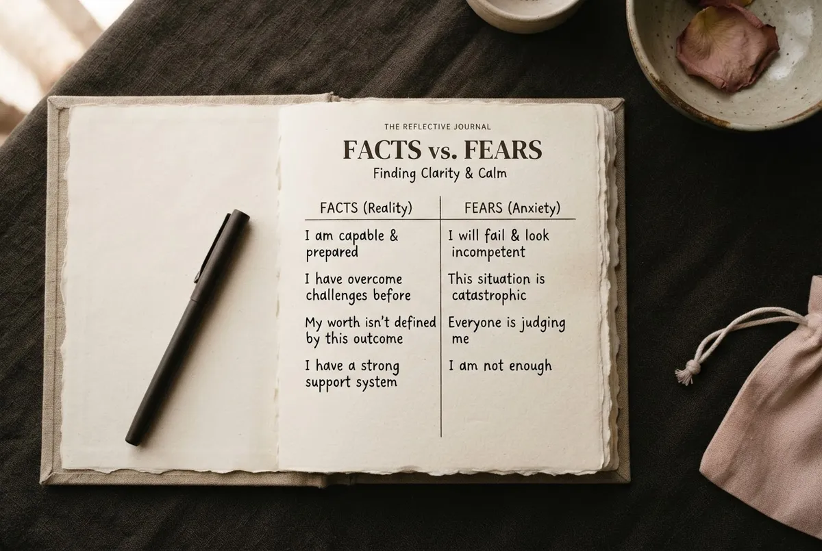 Facts vs Fears Worksheet inside open journal on linen table