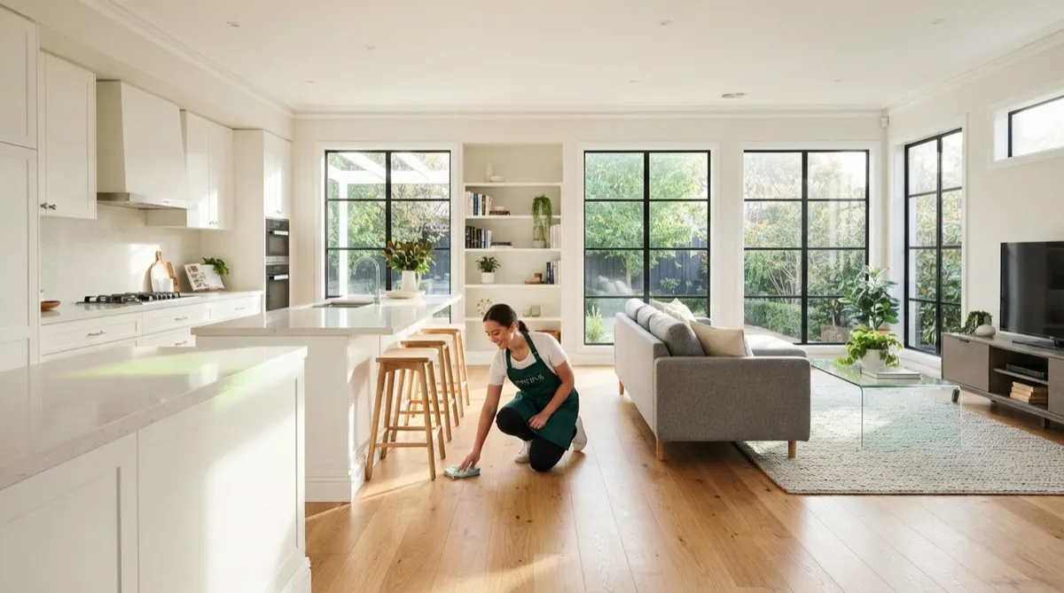 Professional cleaning specialist detailing a modern pristine kitchen in Raleigh NC
