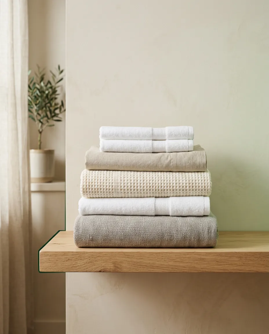 Stack of impeccably folded crisp clean laundry on a bright minimalist shelf