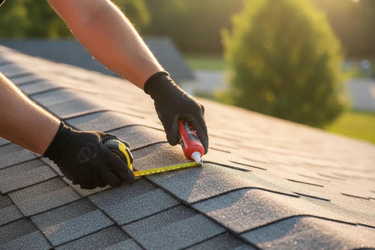Close-up photo of a roofer inspecting a ridge vent with a tape measure and sealant gun, hands visible with branded gloves, late-afternoon warm light, shallow depth of field showing professional attention to detail.