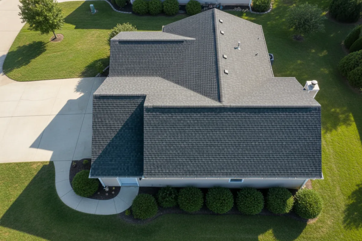 Wide aerial of a recently completed residential roof replacement on a single-family home with new dark architectural shingles, bright midday light, clean yard, photorealistic composition highlighting workmanship and material texture for marketing.
