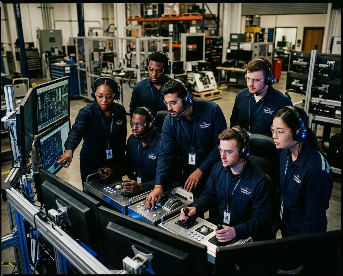 Local students and technical trainees operating high-precision training simulator at institution