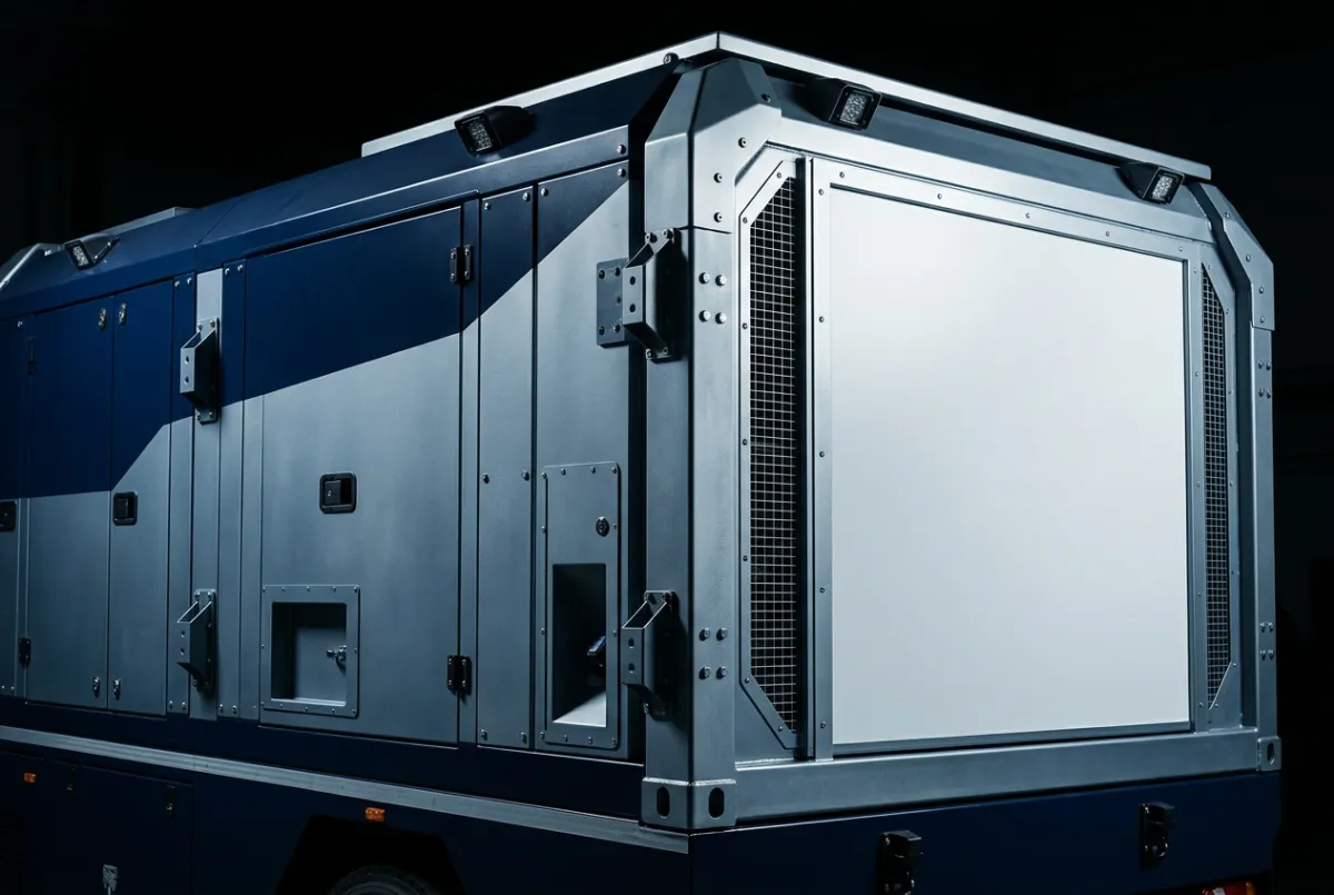 Technical drawing and exterior chassis branding surfaces on the simulator unit