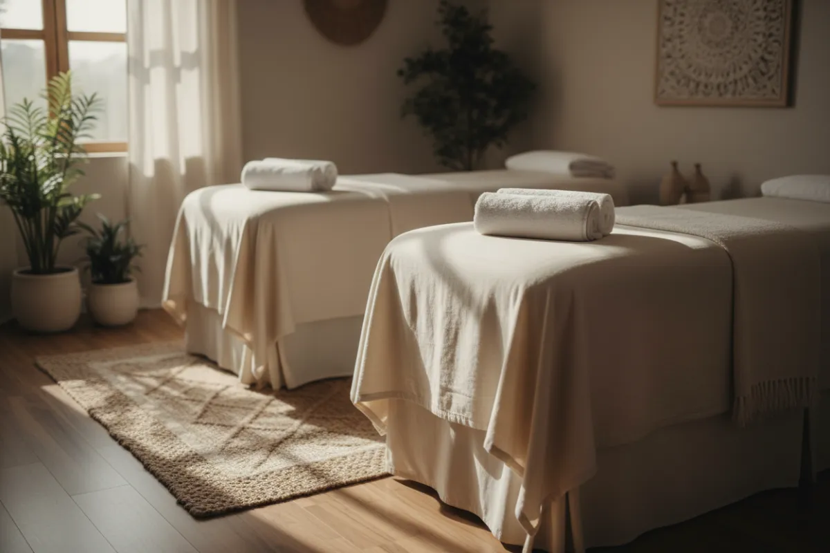Romantic couples massage setup in a holistic studio