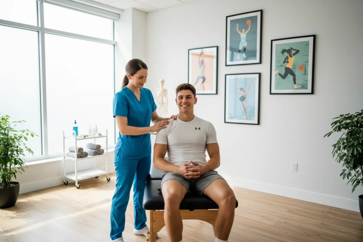 A female chiropractor in blue scrubs gently adjusting a young athlete's shoulder in a bright, modern clinic with sports posters on the wall. The patient, a fit male in athletic wear, smiles confidently. The setting is clean, professional, and welcoming, emphasizing expert care and comfort.