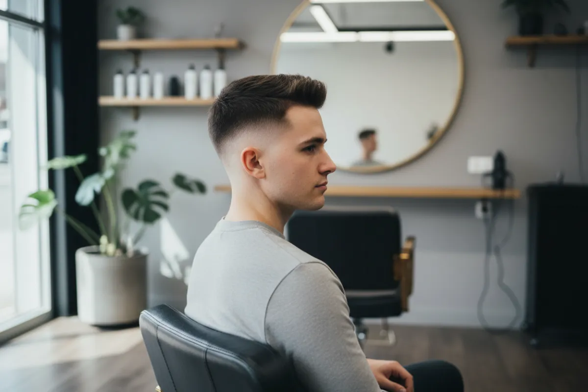 A young man with a sharp modern fade haircut, sitting confidently in a salon chair. The background features subtle salon decor, and the lighting highlights the clean lines of the cut.