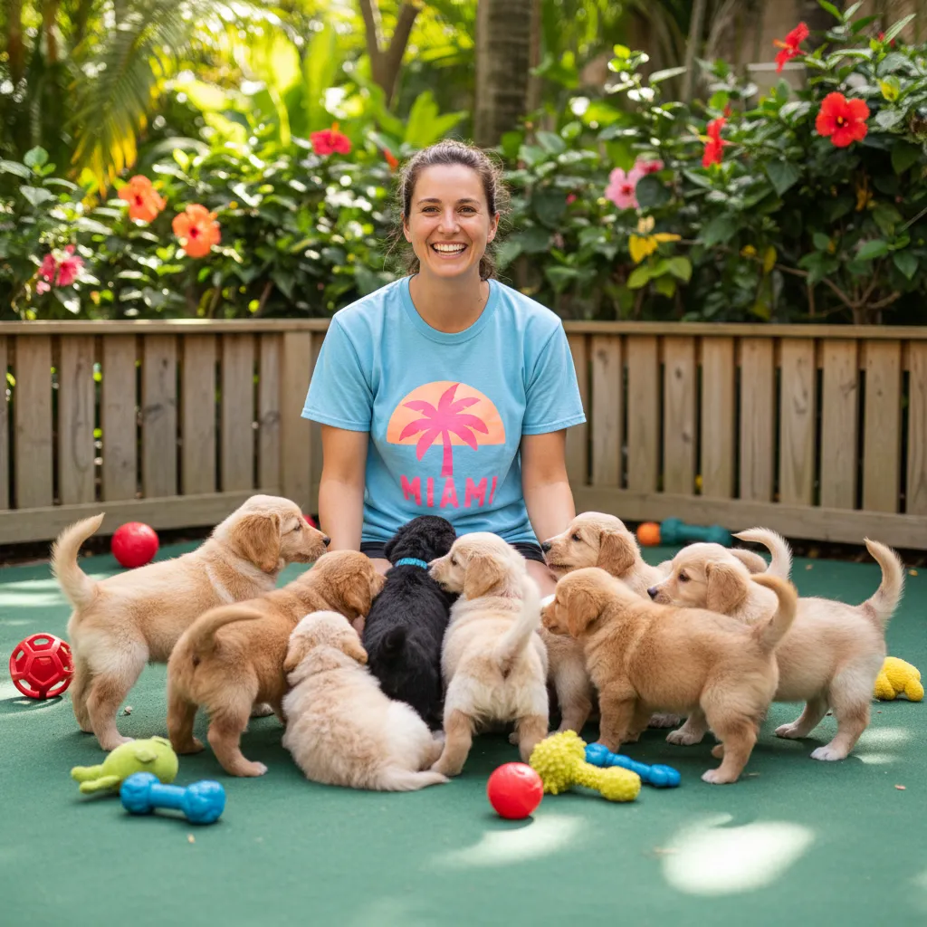 A smiling volunteer in a Miami t-shirt kneeling beside a group of playful puppies in a sunlit outdoor play area, surrounded by colorful toys and greenery. The 1:1 image is lively and inviting.