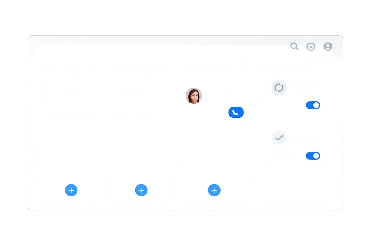 Isolated Growth Right CRM+ dashboard UI mockup showing pipeline columns, a contact card, and automation widgets.