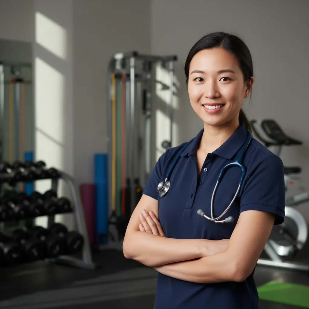 Portrait of Dr. Nguyen, a young female sports medicine specialist of Vietnamese descent, wearing a navy polo and stethoscope, standing in a rehab gym with exercise equipment in the background. Her confident, friendly expression conveys expertise and care.