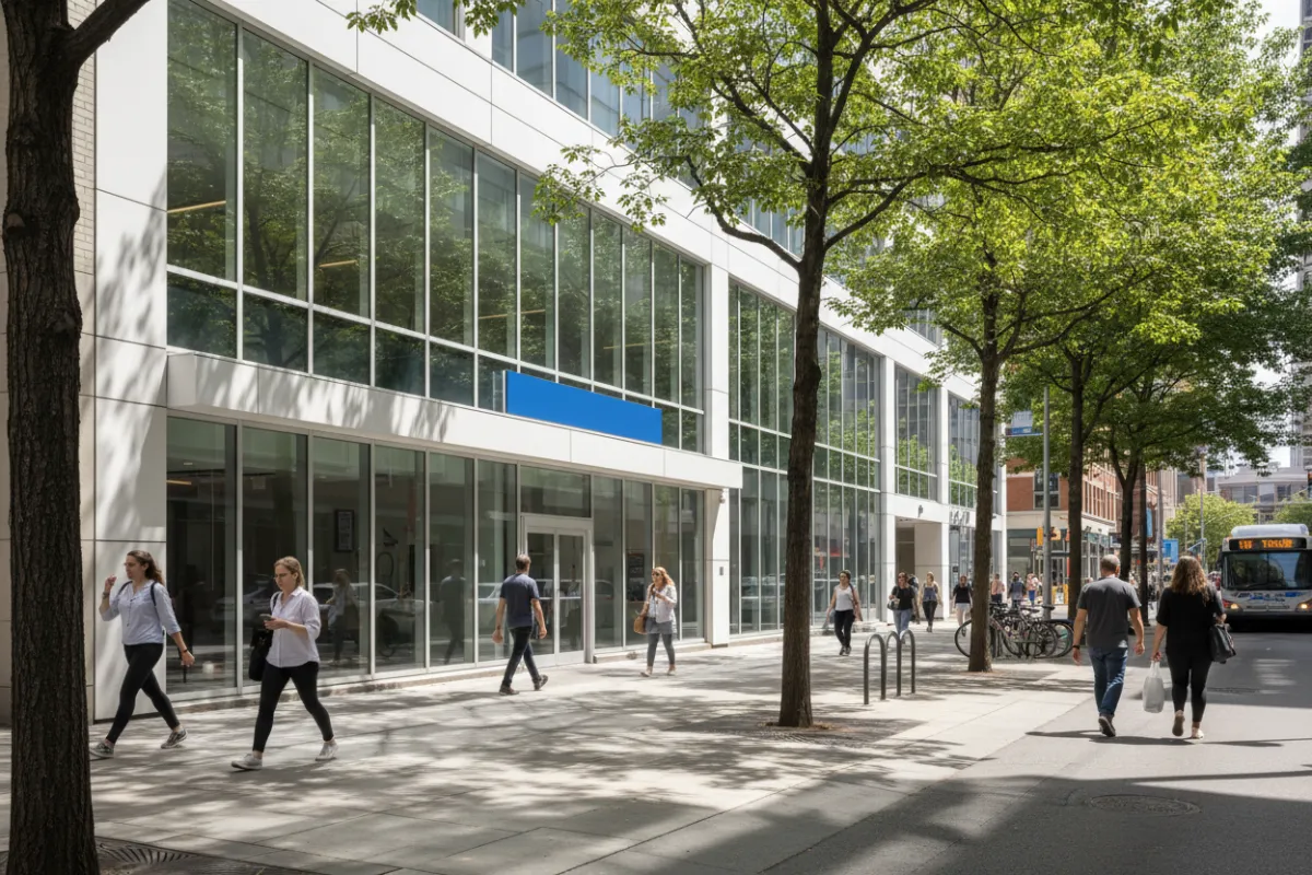 Modern clinic exterior with large glass windows, blue signage reading 'Town Center Chiropractic', and a tree-lined sidewalk. The building is situated on a bustling city street with people walking by, creating a welcoming and accessible atmosphere.