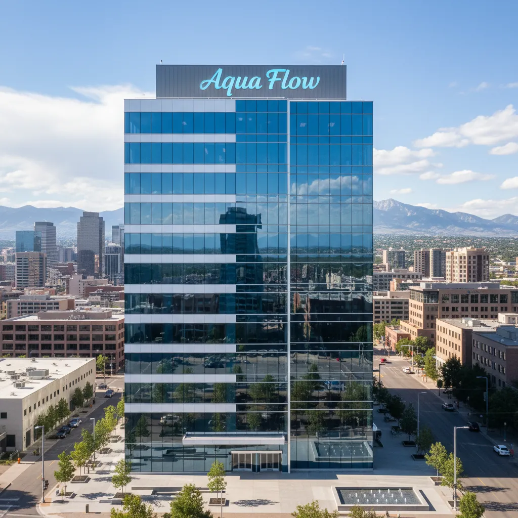 A modern office building with Aqua Flow signage, located in downtown Denver. The building features large glass windows, a blue and white color scheme, and visible cityscape in the background, representing professionalism and local presence.