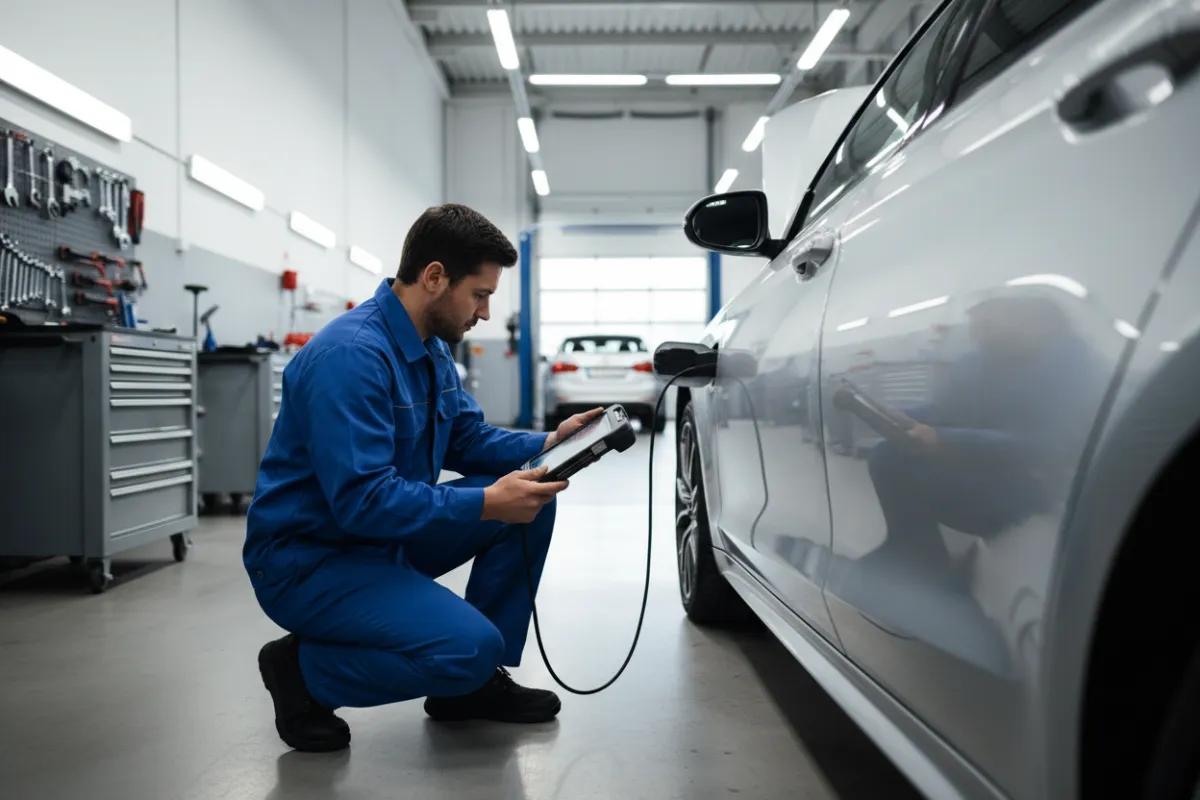 Auto technician in blue uniform using diagnostic tablet beside a modern sedan in a bright, organized repair bay. The technician is focused, with tools neatly arranged in the background, conveying professionalism and advanced technology.