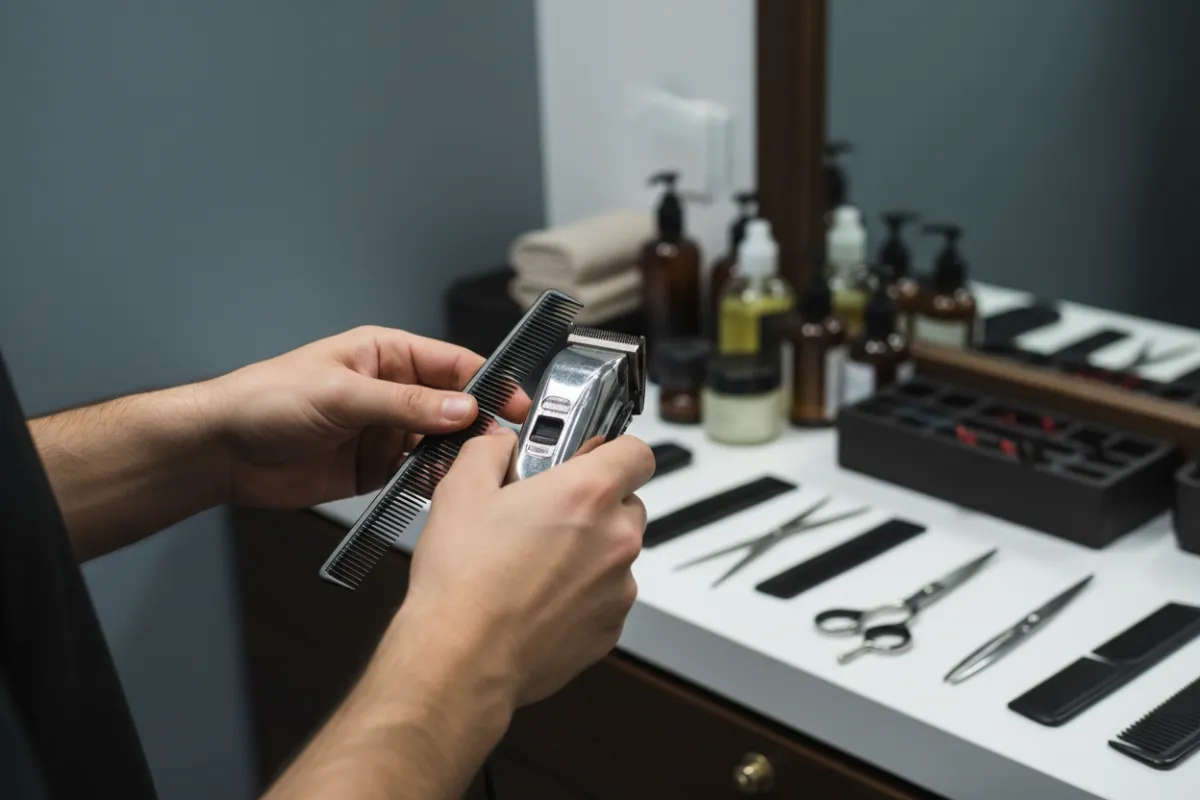 A bearded client receiving a precise beard sculpting, with the stylist’s hands in focus. The background shows neatly arranged grooming tools and a clean, modern workspace.
