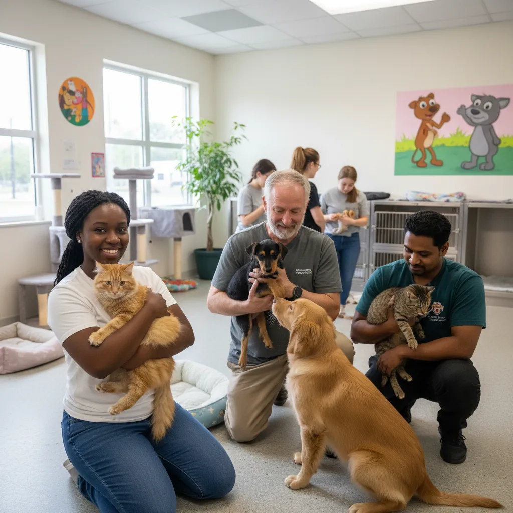 A diverse team of animal rescue volunteers, including men and women of various ages and backgrounds, gently holding rescued cats and dogs inside a bright, welcoming Miami shelter. The 1:1 image is candid and heartwarming.