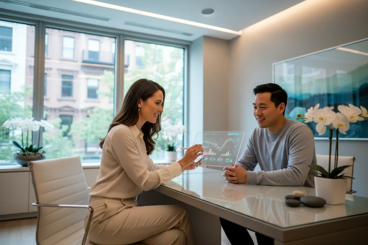 A professional wellness consultant in a modern NYC clinic, reviewing health data with a diverse client. The setting is bright, with sleek decor and a sense of calm focus. Both individuals appear engaged and optimistic, reflecting a premium, personalized health experience.