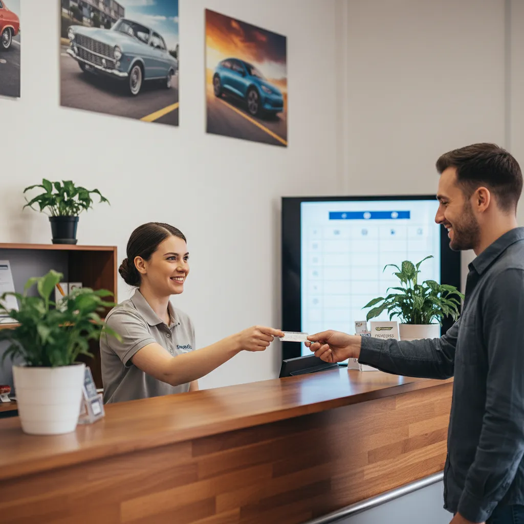 Receptionist at auto repair front desk, smiling and handing a business card to a customer. The setting is bright and welcoming, with automotive posters and a digital appointment screen in the background, emphasizing approachability and professionalism.