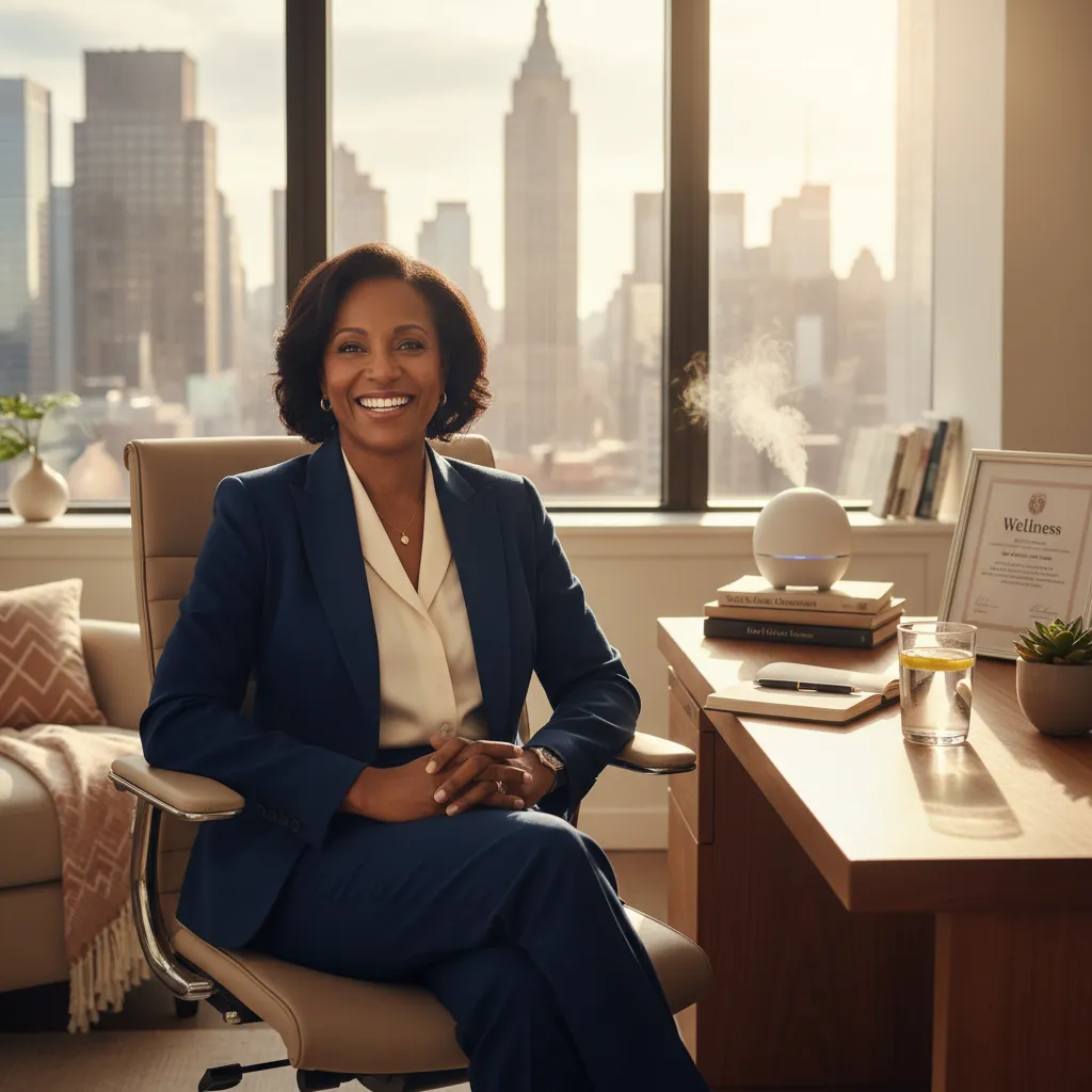 A confident, middle-aged woman of color in business attire, smiling after her wellness review in a sunlit NYC office. The background features city views and subtle wellness-themed decor, conveying success and satisfaction.