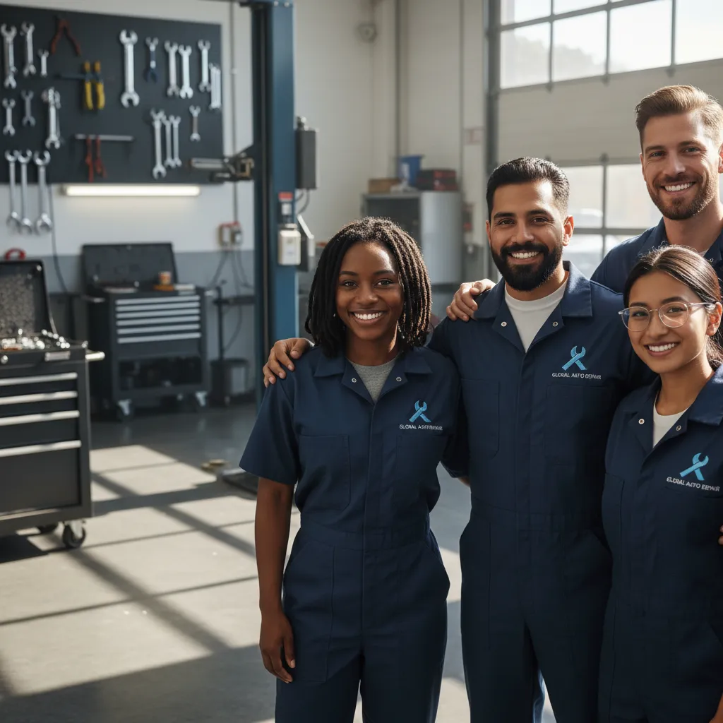 Close-up of a diverse team of auto repair professionals, smiling and standing together in a sunlit workshop, each wearing branded uniforms. The background shows a clean workspace with modern equipment, highlighting teamwork and trust.