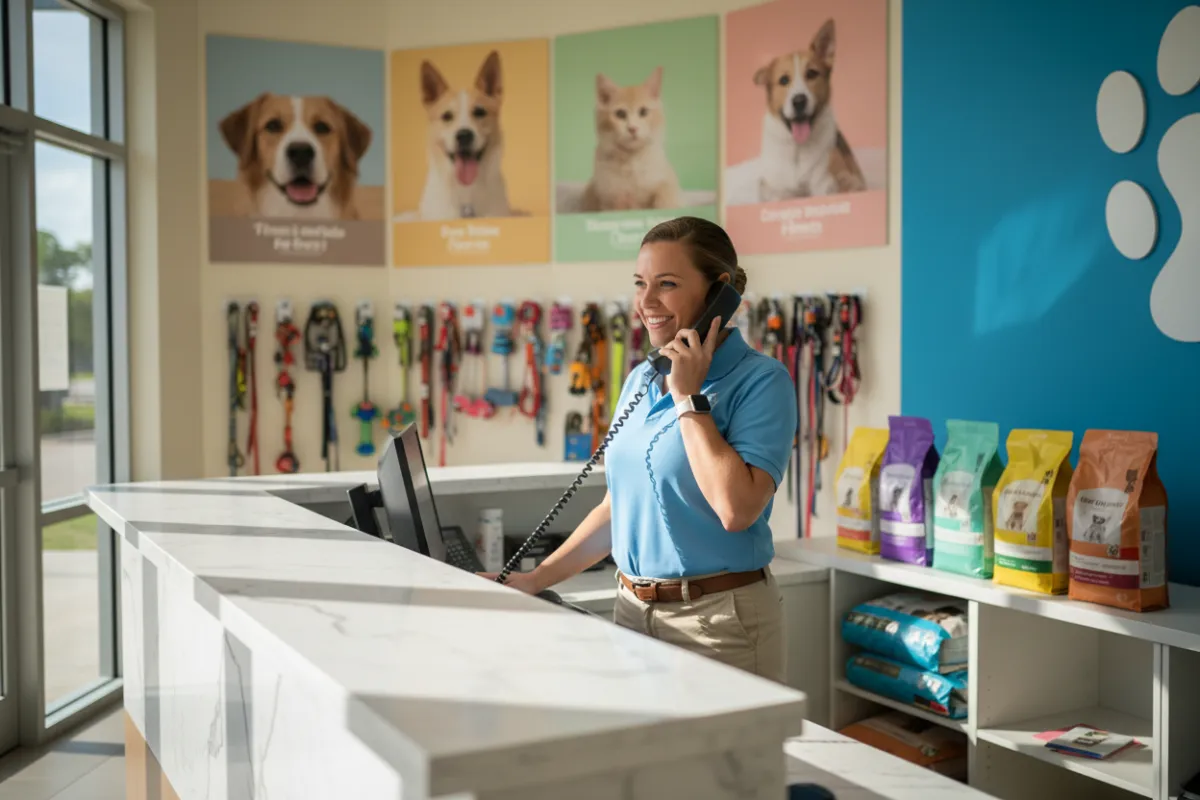 A friendly staff member at a Miami animal rescue center answering a phone call at a modern reception desk, with adoption posters and pet supplies in the background. The 3:2 image is professional and welcoming.