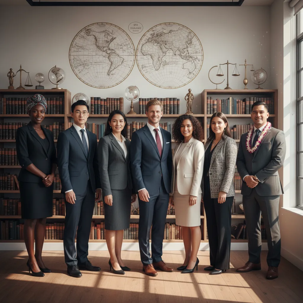A multicultural team of lawyers in formal attire, standing together in a sunlit office with world maps and legal books in the background. The group exudes professionalism, unity, and global reach, with each member representing a different region.