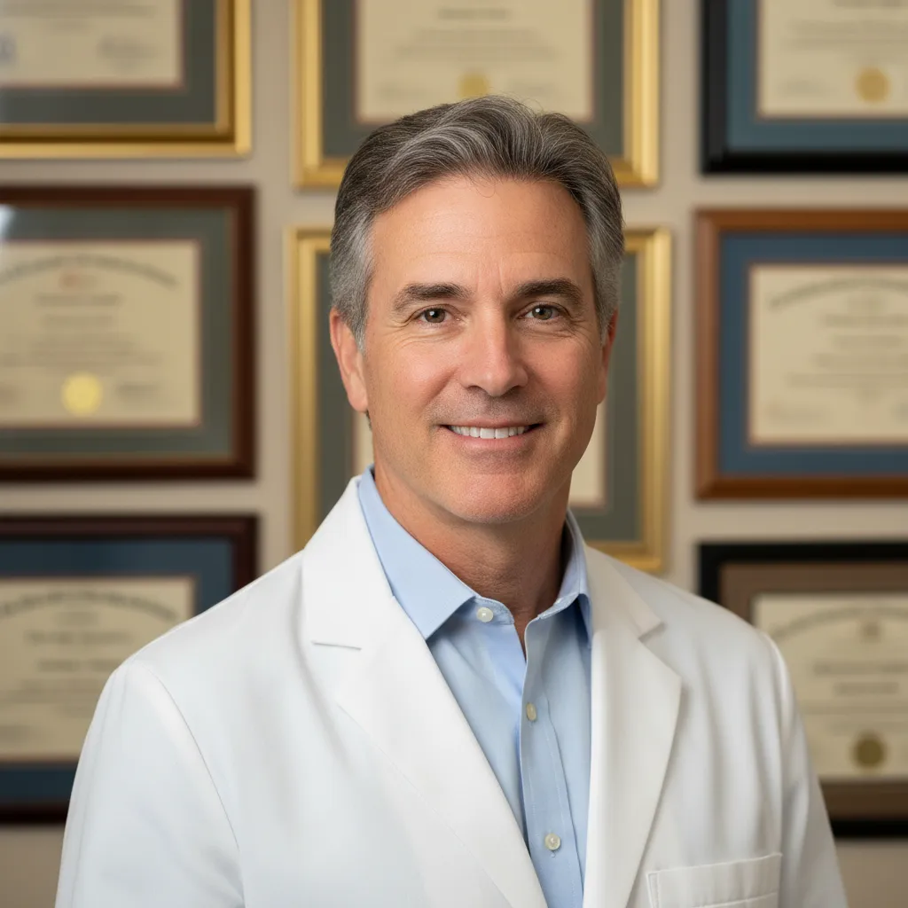 Portrait of Dr. Mason, a middle-aged male chiropractor with salt-and-pepper hair, wearing a white coat and a warm smile, standing in front of a wall of framed certifications. The background is softly blurred, highlighting his approachable demeanor and professionalism.