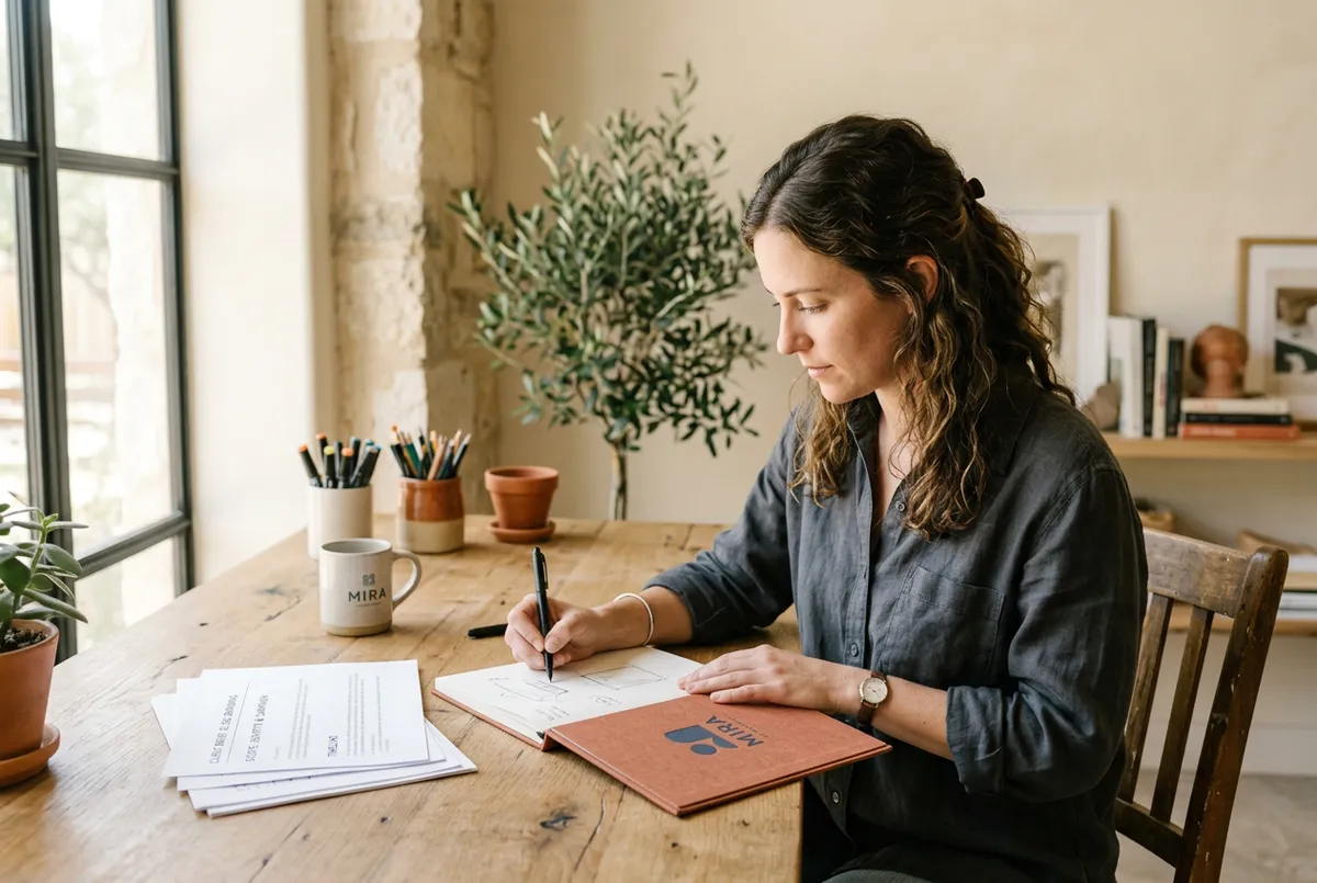 San Antonio female designer reviewing creative client briefs in a sunlit studio