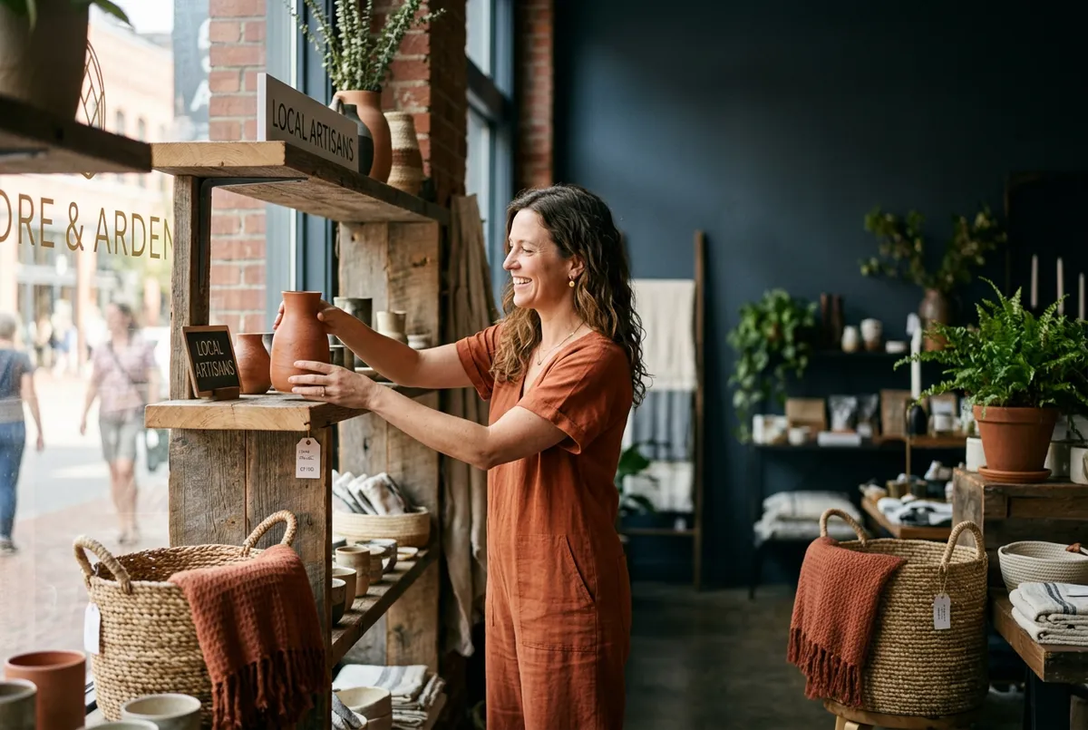 San Antonio boutique retail owner arranging artisan items in a Pearl District storefront