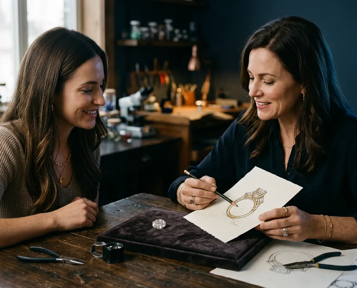 Intimate consultation with artisan sketching custom engagement ring details