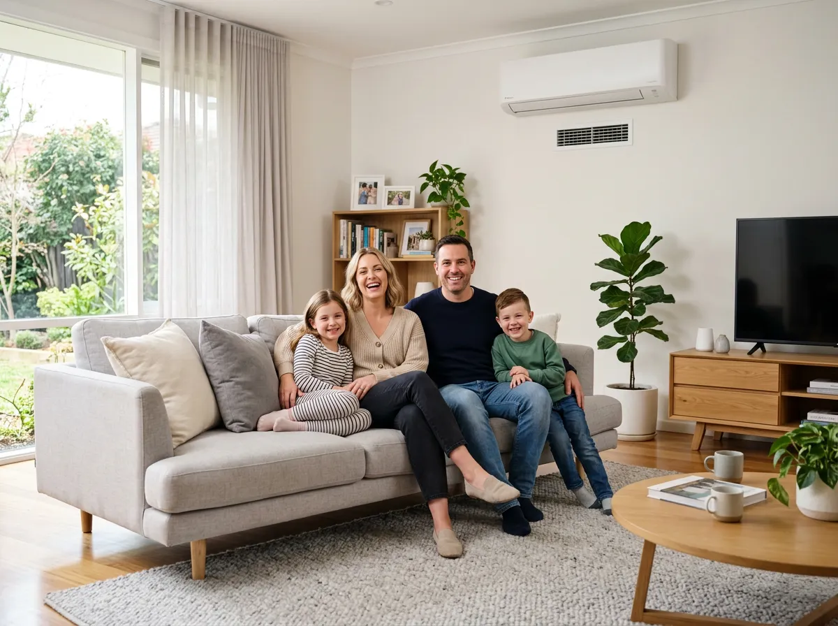 Family of four sitting comfortably on a light gray sofa and rug in a bright, modern living room with a wall-mounted air conditioning unit visible above them.