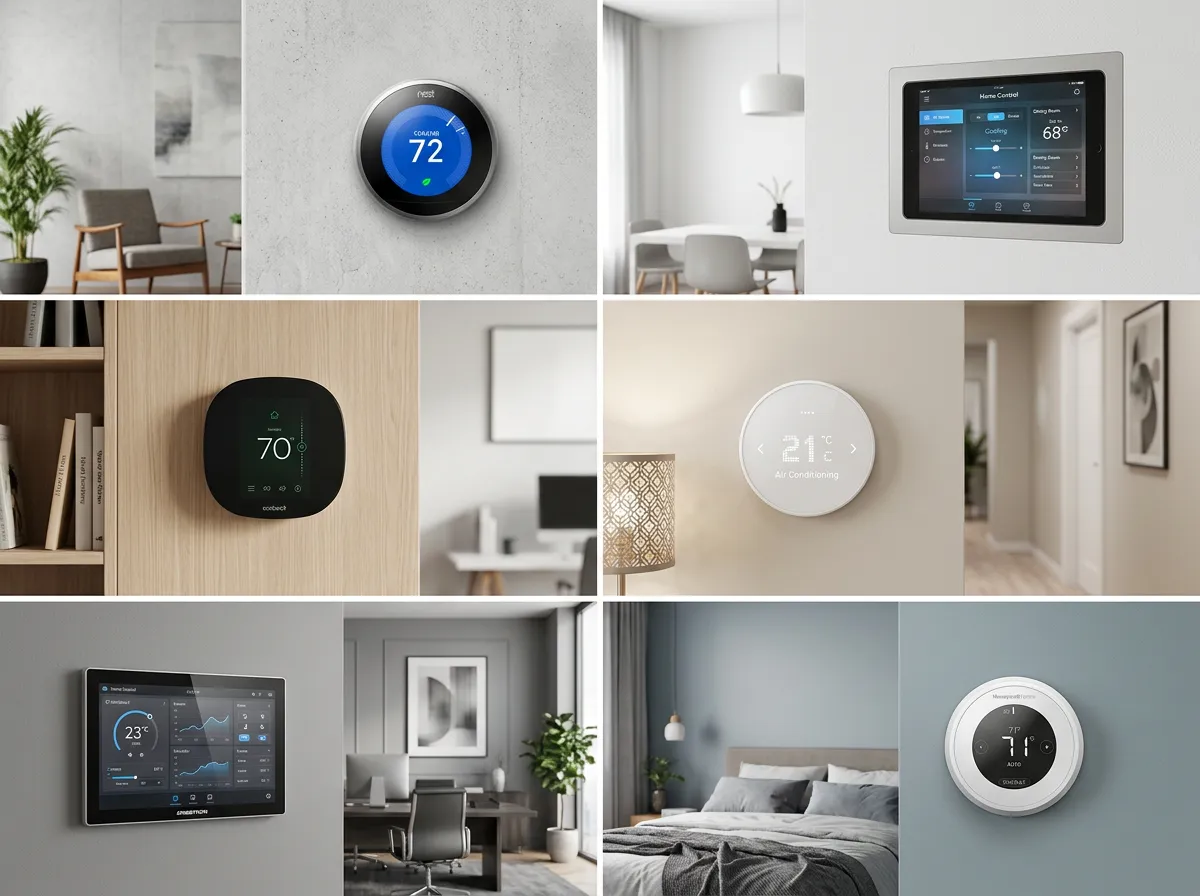 Collage of modern smart air conditioning controllers, including round digital thermostats and a tablet interface, mounted on walls.