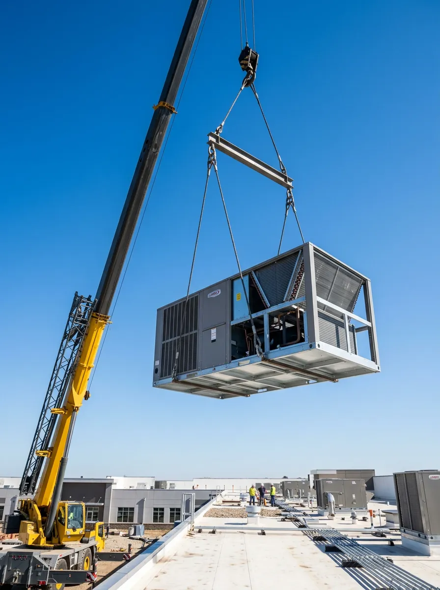 Large air conditioning unit suspended by a crane against a clear blue sky
